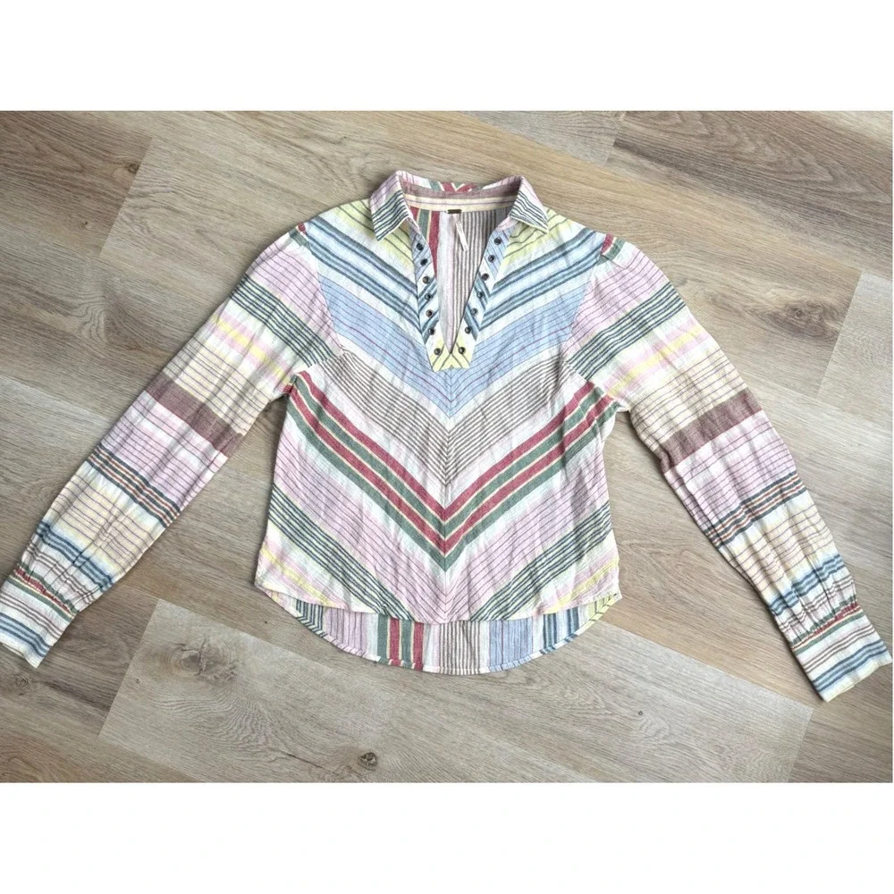 Free People Multicolor Striped V-Neck Blouse Womens Size M Boho Beacy Casual